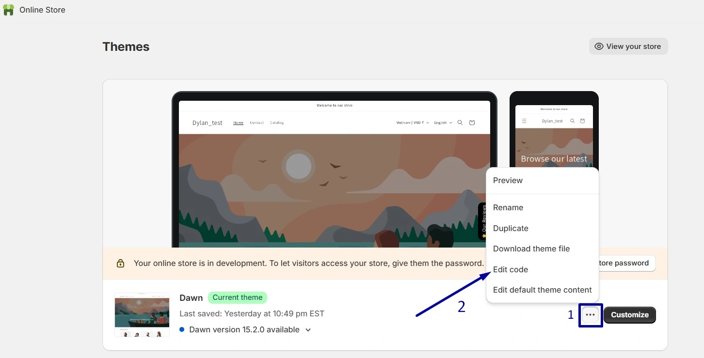 Find the theme you would like to edit and select “Edit code.”